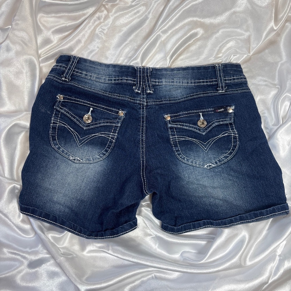 Angels Forever Young Womens Distressed Denim Shorts Dark Wash Thick Stitch Sz 11 - Picture 6 of 6